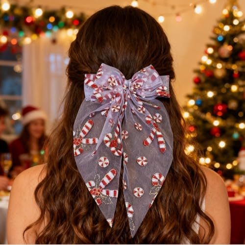 1 Pack Lazos de Navidad para Pelo para Mujeres y Niñas, Clip de Lazo Blanco de Tul de Malla con Cola Larga Sobredimensionada, Accesorios de Decoración para el Cabello miniatura 5