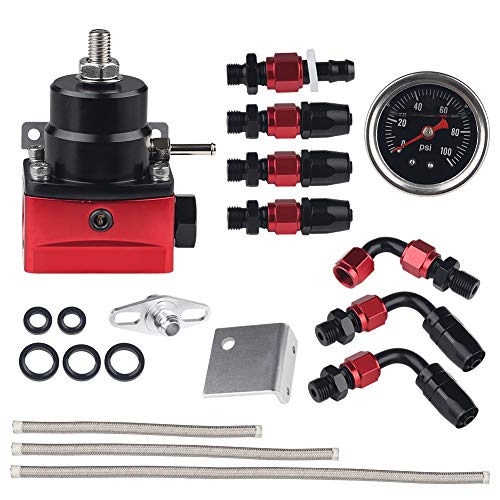 WATERWICH Universal Adjustable Fuel Pressure Regulator Kit Aluminum with 100 Psi Pressure Gauge AN6-6AN Fuel Line Hose Fitting Connectors Kit