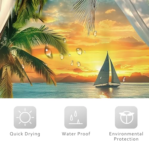 Image of Riyidecor Beach Shower Curtain 72Wx84H Inch Extra Long Beachy Seaside Ocean Sea Hawaiian Sunset Coastal Tropical Palm Tree Scenery Barn Door Bathroom Decor Fabric Polyester Waterproof 12 Pack Hooks