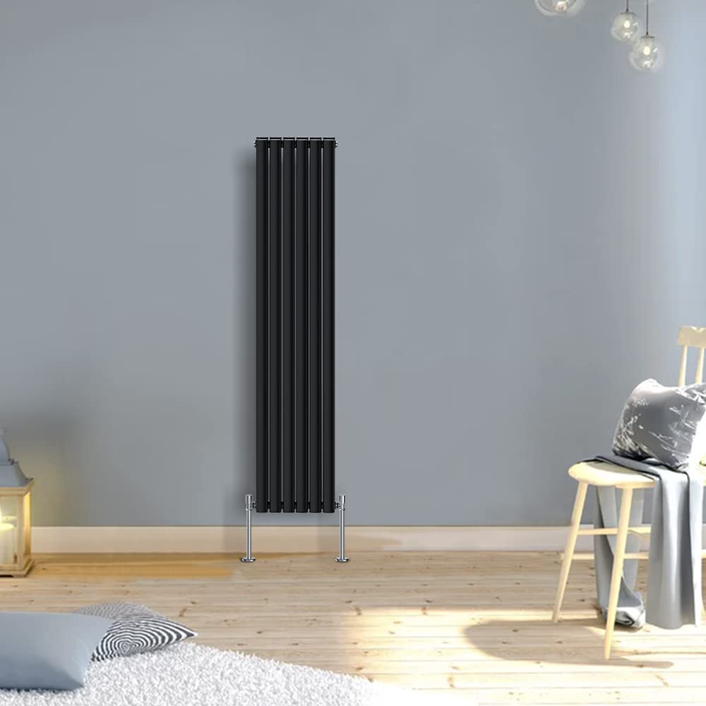 Warmehaus Modern Black Vertical Upright Tall Double Oval Panel Radiator 1600x354mm