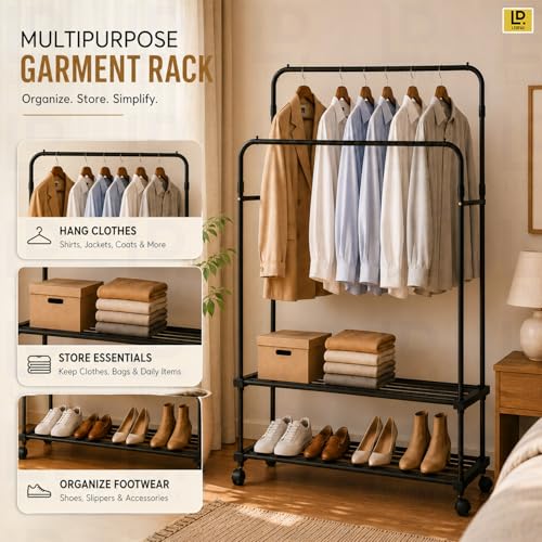 Image of LEOPAX Premium Double Pole Clothes Rail for Hanging Clothes, Heavy Duty Garment Rack with Bottom Shelves, Clothes Rack with Wheels for Dresses, Coats, Shirts - Black - 84 x 30 x 151cm