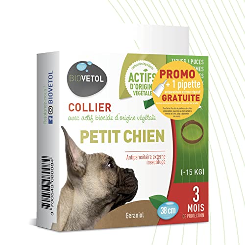 BIOVETOL - Collier Insectifuge Chien - Antiparasitaire Petit Chien (-15 kg) d'origine Végétale - Anti-puces, Anti-Tiques - Soin pour Chien - 38 cm Cover