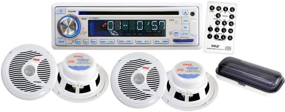 Pyle Stereo Radio Headunit Receiver & Waterproof Speaker Kit, Aux (3.5mm) MP3 Input, USB/MP3 Reader, CD Player, Remote Control, Includes (4) 6.5'' Speakers, Single DIN (White)