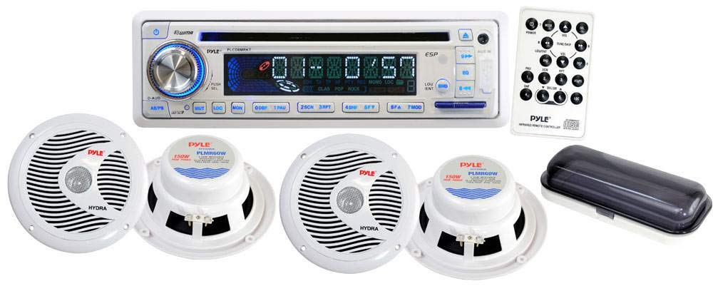 Pyle Stereo Radio Headunit Receiver & Waterproof Speaker Kit, Aux (3.5mm) MP3 Input, USB/MP3 Reader, CD Player, Remote Control, Includes (4) 6.5'' Speakers, Single DIN (White)