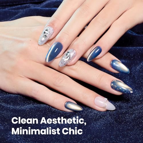 Image of Beetles Blue Cat Eye Gel Nail Polish - Frosted Sapphire Cat Eye Gel Polish, 15ML Gold Powder Blue Glitter Gel Polish Magnetic Shimmer Effect Soak Off UV Nail Art Design Manicure Gifts for Women