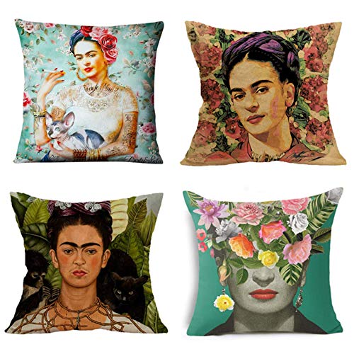 Cekell Adecuado para Frida Kahlo Funda de Almohada de Estilo Mexicano con autorretrato, 4 Piezas, Funda de cojín de Lino de algodón, Funda de Almohada, decoración de Coche Familiar, 45 cm x 45 cm Cover