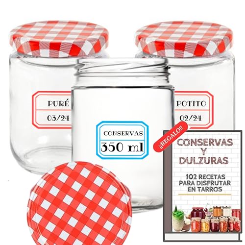 12 Tarros de Cristal de 350 ml con Tapas de Metal + EBook de 102 Recetas para Conservas - Frascos con Tapa de Rosca para Alimentos Caseros - Bote Estanco - Incluye Etiquetas (Tapas a Cuadros)
