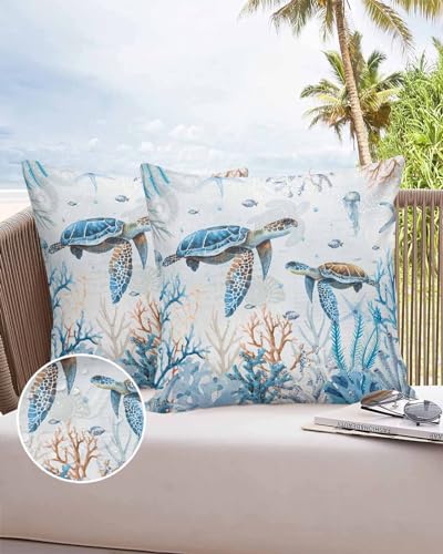 Boanket Outdoor Pillow Covers 16 x 16 in, Blue Sea Turtle Waterproof Throw Pillow Cover Set of 2, Nautical Coral Summer Beach Coastal Home Decorative Square Cushion Covers for Patio/Tent/Couch/Garden