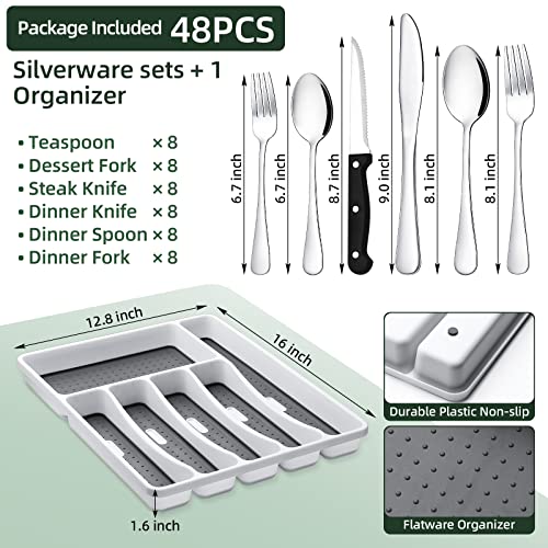 image for 49-Piece Silverware Set with Organizer, CEKEE Stainless Steel Flatware