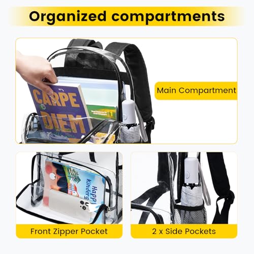 Vorspack Clear Backpack Heavy Duty - Large Clear Backpacks for School See Through Bookbag for Girls Boys Transparent Bag for Work, Concert, College - Black4