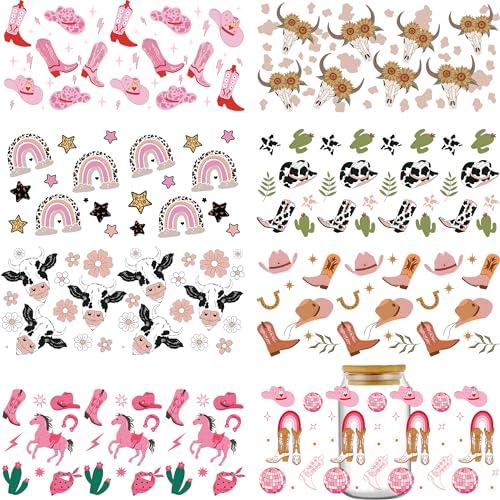 AFRITEE UV DTF Cup Wraps - 8 Sheets Pink Cowgirl Boots Horse Style UV DTF Transfer Sticker for 16oz Libbey Glass Cups, Black White Dairy Cow Rainbow DIY Waterproof Rub on Transfers Stickers Decals