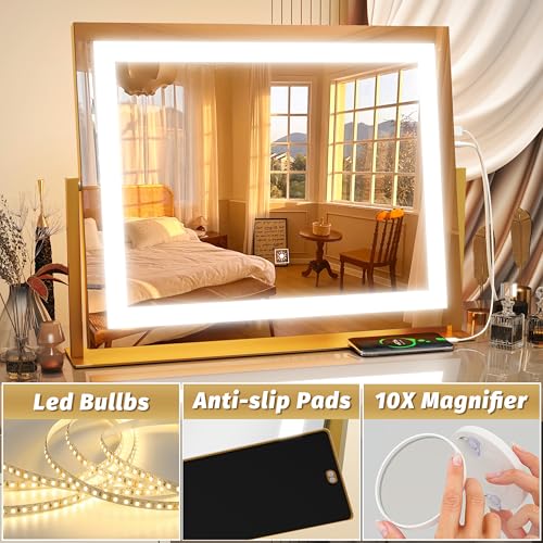 FENNIO Vanity Mirror with Lights 22''x18'' Makeup Mirror with Lights,Lighted Makeup Mirror with 10X Magnification and USB,Smart Touch Screen with 3-Color Lighting,Dimmable(Square Gold)