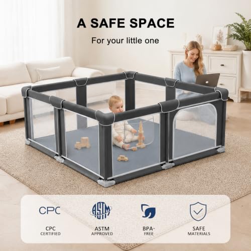 Image of Foldable Playpen for Babies and Toddlers, 50 inchx50 inch Portable Play Yard with Mat, Kids Collapsible Play Pen with Sturdy Metal Frame & Mesh Walls, Indoor & Outdoor Baby Fence Play Area