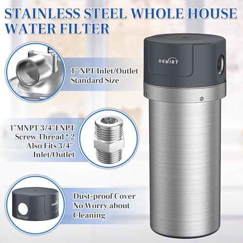OEMIRY Whole House Water Filter, Stainless Steel Filter Housing, 10"x4.5" Sediment Filter Pre-Filtration System for Well or City Water, 1" or 3/4" NPT Port, 1 Filter — view 5