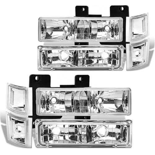 Headlight Assembly Compatible with 1994 1995 1996 1997 1998 Chevy C/K 1500 2500 3500 Silverado For 95-99 Tahoe Suburban Replacement Headlamp Chrome Housing Clear Reflector