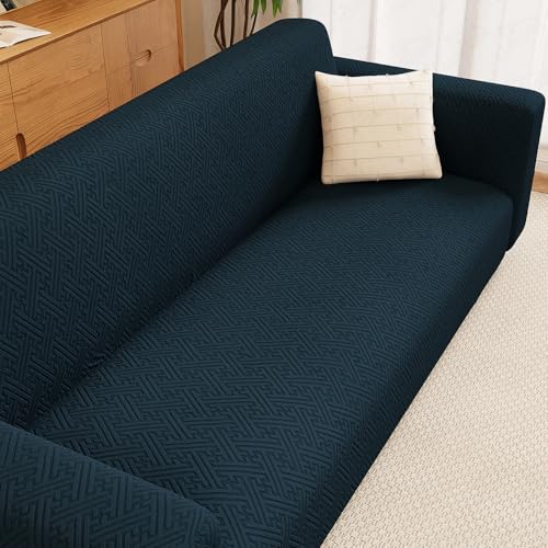 Image of Lukzer 4 Seater Pastel Marine Blue Grid Maze Pattern Sofa Cover | 240 GSM Universal Stretch Fit Jacquard Fabric Couch Protector | Fully Covered Anti Slip & Washable Sofa Cover (230-300cm /SC-110-04)