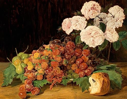 Tableau Toile Nature Morte Roses Fraises Ferdinand Georg Waldmuller Peinture Décorative