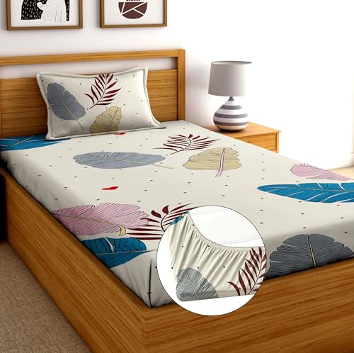 Image of DECORUM Glace Cotton All Around Elastic Fitted Single Bedsheet (72 inchx48 inch) with 1 Pillow Cover | Soft, Smooth & Wrinkle-Free Fabric | Fits Up to 6 inch Mattress | 200-220 TC