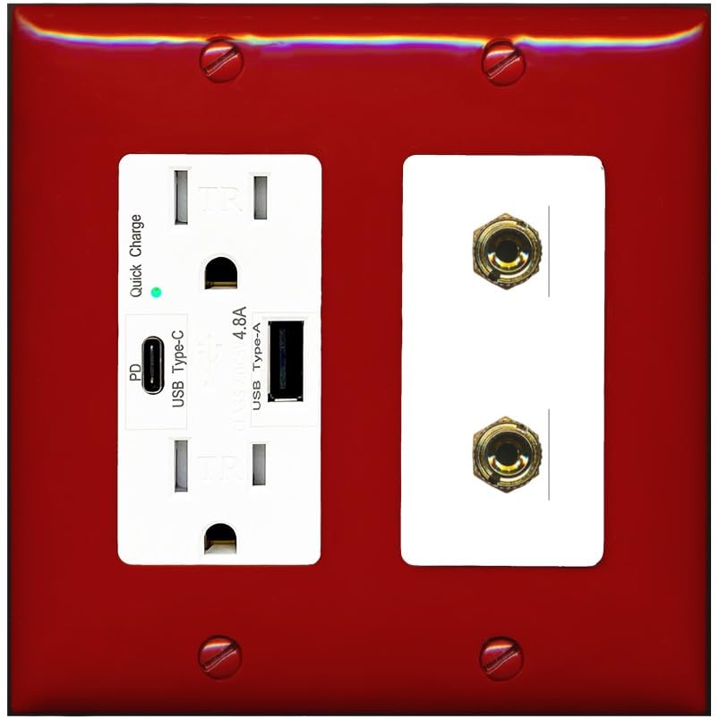 RiteAV 2 Banana 1 Speaker Surround Female Coupler Binding Post Wall Plate - USB A+C Outlet [Red/White]