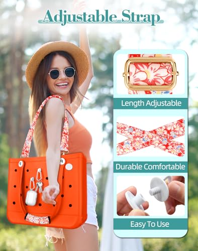 Image of Bag Strap Crossbody Charms for Bogg Bag Accessories - Shoulder Strap Neoprene Luggage Handle Wrap for Suitcase & 2 Key Holders Orange Daisy