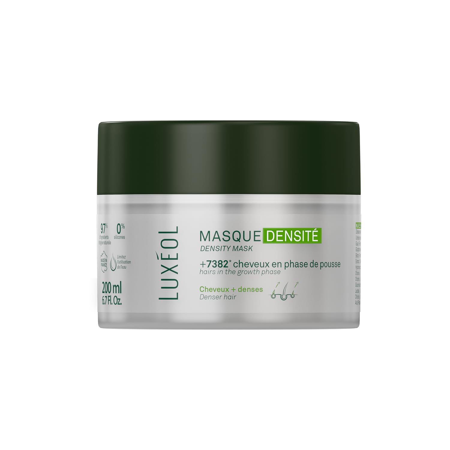 LUXEOL - Masque Cheveux Densité - +​7382 Cheveux En Phase De Pousse* - Apporte Force, Brillance & Densité - 97% D'Ingrédients D'Origine Naturelle - Sans Silicones - Fabriqué En France - 200 ml