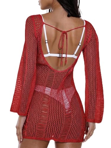 Image of Floerns Women's Crochet Cover Up Long Sleeve Hollow Out Bikini Swimsuit Beach Cover Up Swimwear