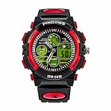 PINDOWS Digital Uhr Herren, Outdoor Sport Analog Digital Armbanduhr, Led-Hintergrundbeleuchtung Wasserdicht Elektronische Uhren, Mit Wecker, Stoppuhr, Kalender,Rot