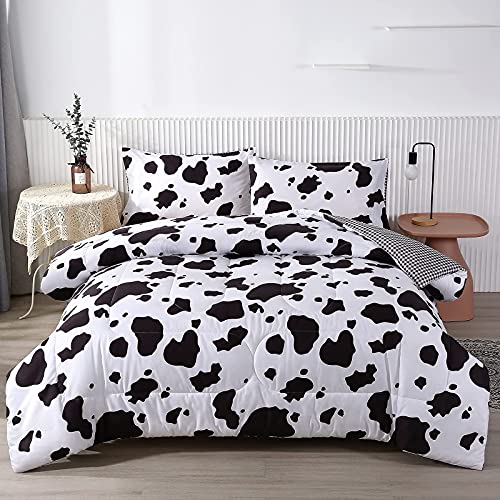 Mengersi Cow Print Bedding Comforter Set King Bed,Black And White Reversible Milk Geometric Checkered Bedding Sets For Kids Boys Aduls Toddler #TOP27