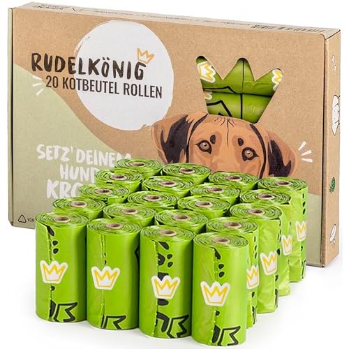 Rudelkönig Hundekotbeutel biologisch abbaubar - Gratis Beutelspender - 300 blickdichte Kotbeutel für Hunde extra dick & reißfest - 15 Beutel pro Rolle