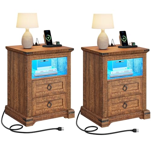 DWVO Nightstand Set of 2 with Charging Station, 2 Drawer Nightstand Farmhouse Night Stands Set of 2 End Table Side Tables Bedroom w/LED & Music Mode, Brown
