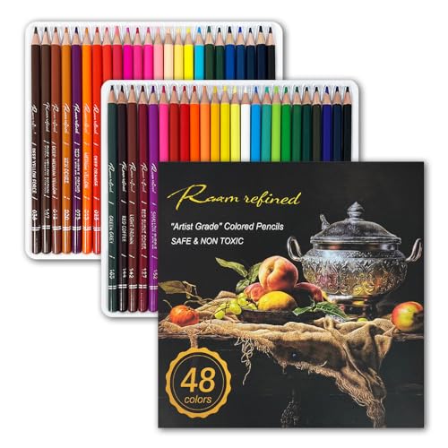 RAAM REFINED 48 Premium Colored Pencils for Adult Coloring, Artist Soft Series Lead Cores with Vibrant Colors, Professional Oil Based Colored Pencils, Gift Box