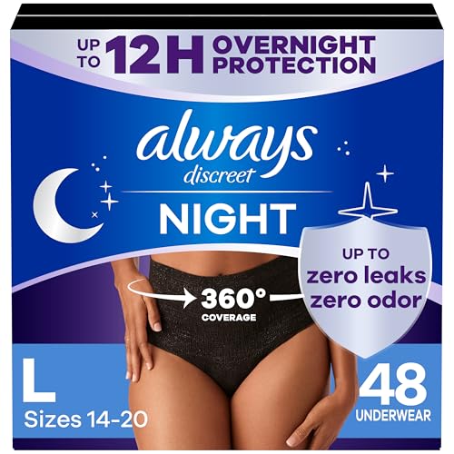 Image of Always Discreet Adult Incontinence Overnight Underwear for Women, Large, Up to 100% Bladder Leak Protection, 48 Count (3 Packs of 16)