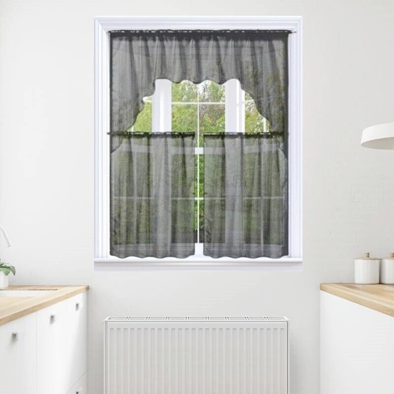 3 piezas de gasa transparente color sólido cortina de cocina transparente 2 paneles 1 cenefa (K66) (negro)