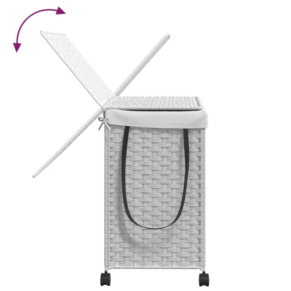 Kosz na pranie z rolkami, biały, 60 x 35 x 60,5 cm, rattan, 3 półki na pranie i kosz na pranie, z pokrywką, uchwytem, workiem wewnętrznym i hamulcem do pralni