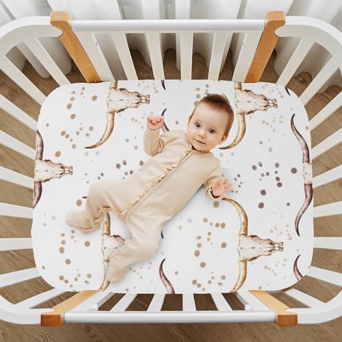 Image of VIGTRO Western Bull Baby Crib Sheets for Boys Girls, Cowboy Breathable Soft Fitted Crib Playard Sheets Baby Mattress Sheet, S 39x27x5in