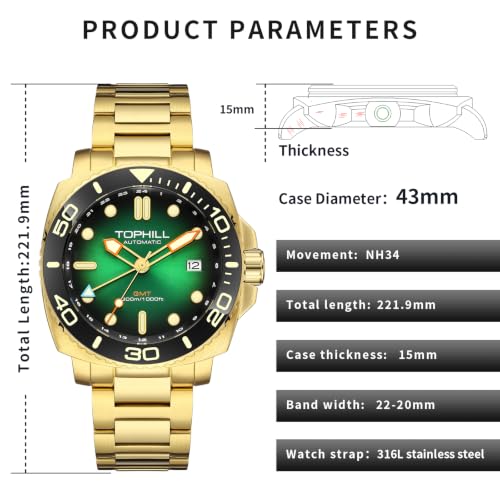 Image of TOPHILL Men Watches Automatic Mechanical Watches - Dive, GMT, Chronograph & Dress Styles | 316L Stainless Steel, Sapphire Crystal, Ceramic Bezel | 5ATM-300M Waterproof with Super Luminous | Classic Business & Sport Casual