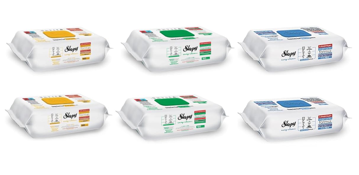 Sleepy Easy Clean - Juego de toallitas húmedas para limpieza de superficies (2 amarillos, 2 verdes, 2 azules, 600 toallitas)