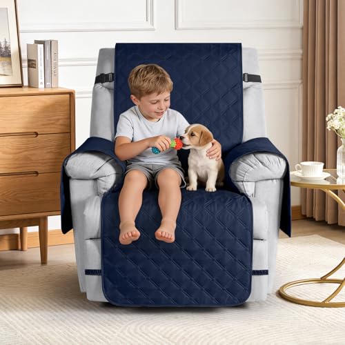 Image of TAOCOCO 100% Waterproof Recliner Covers, Recliner Sofa Covers with Leg Straps, Reversible Recliner Couch Cover for Reclining Chair, Washable Couch Protector for Pets Kids(1 Seater 28 inch, Dark Blue)