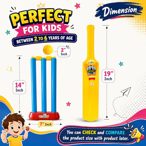 Image of Kids Plastic Cricket Set with Bat, Stumps & Ball - Lightweight Indoor & Outdoor Cricket Toy Set Cricket Set (Age 4+) Complete Plastic Cricket Kit for Kids (Yellow)