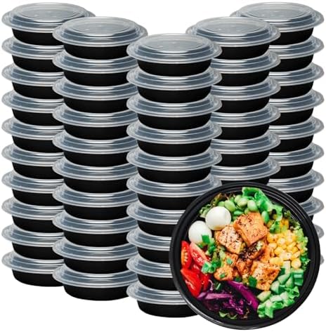 Klex 16 Oz, 50 Sets Meal Prep Containers with Airtight Lids, BPA Free, Reusable Plastic Food Container, 16 oz, Round, Black/Clear, 50 Sets - Thumbnail 3