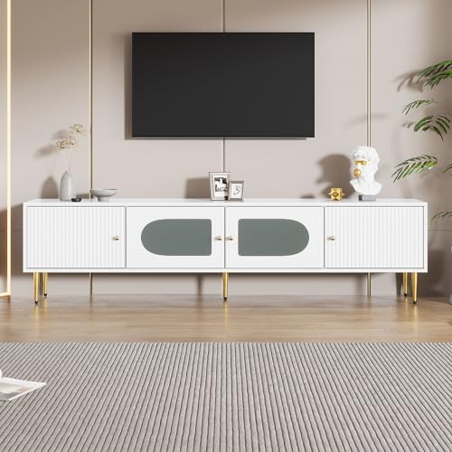 BTM Meuble TV Blanc, Meuble TV Bois avec 2 Portes à Fentes Verticales et 2 Portes en Verre, Bras et Poignées Dorés, 170x35x50 cm, Blanc