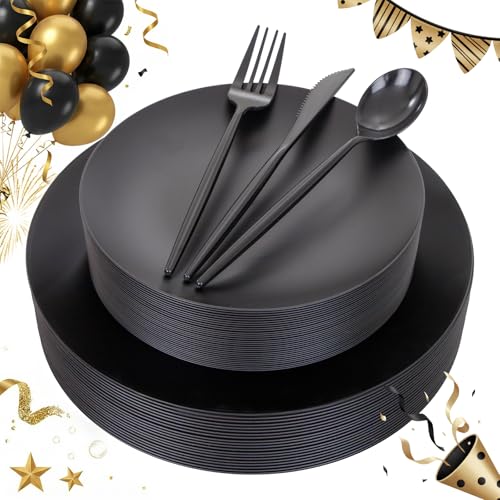 EI 150pcs Black Plastic Plates Frosted Plastic Plate,Premium Heavy Duty Black Plastic Plates,Black Disposable Plates with Plastic Silverware,10.25 EI 150pcs Black Plastic Plates Frosted Plastic Plate,Premium Heavy Duty Black Plastic Plates,Black Disposable Plates with Plastic Silverware,10.25
