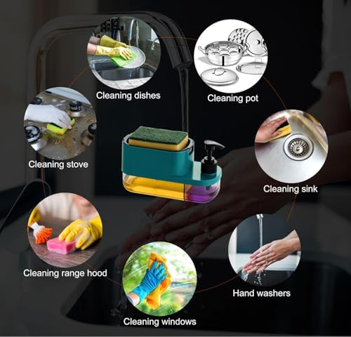 Image of TEKCOOL Plastic 3 in 1 Soap Pump Dispenser Dish Soap Liquid Dispenser Sponge Holder Dish Soap Pump Dispenser for Kitchen Sink Countertop Kitchen Bathroom (3 in 1), Multicolour