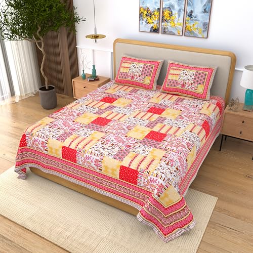 Image of India 100% Pure Cotton Jaipuri Printed Double Bedsheet with 2 Pillow Covers | Traditional Sanganeri Floral Design | Soft Breathable Fabric | King Size Bedsheet for Bedroom (Kaya36)