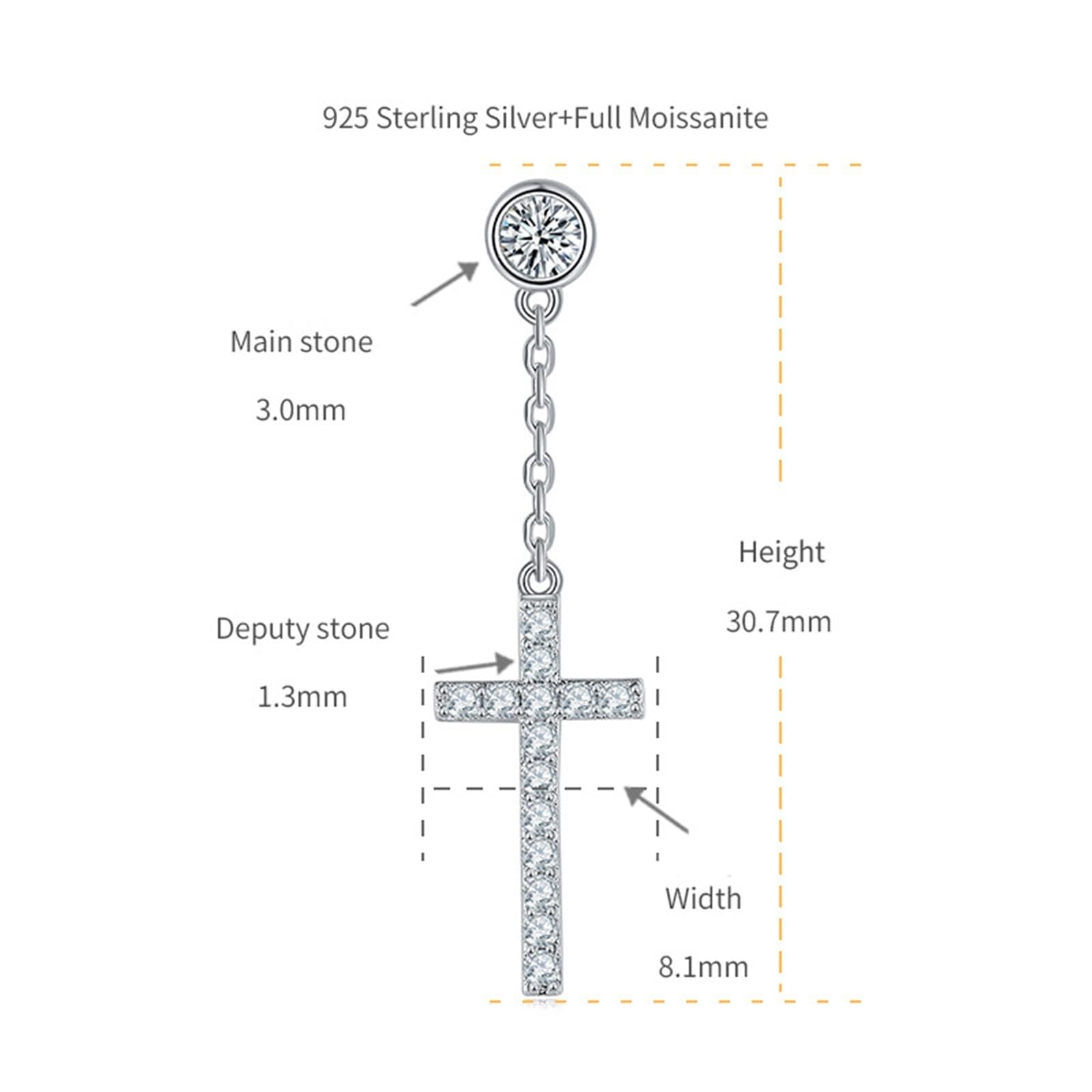 Pendientes Mujer Cruz de Cadena con Moissanita Redonda de 0.5ct, Plata de Ley 925, Joyas Pendientes Colgantes con Piedra