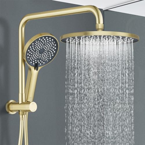 ACA International 10" Round Shower Head Set with 2 in 1 Shower Arm Rail, 3-Mode Handheld Spray, High Pressure Rain Bathroom Shower Set, WELS Approved (Yellow Gold)