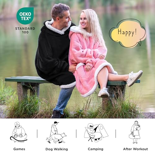 Bedsure Blanket Hoodie, Wearable Blanket for Adults & Kids as Gifts for Women Men, Birthday Gifts for Women Mom Girl Sherpa Oversized Hoodie, Black, Kids