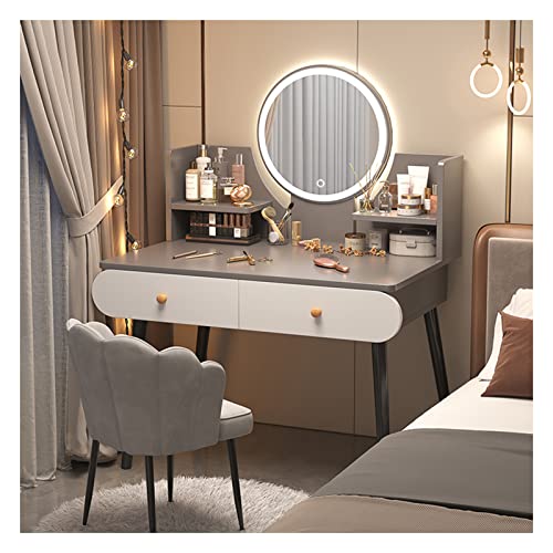 化粧台化粧台 引き出し付きの丸みを帯びた鏡付きコーナーデザイン 頑丈で耐久性のある多目的拡大デスクトップ無垢材テーブル脚 花びらの柔らかいスツール付き(Size:80x40x120cm,Color:グレー)