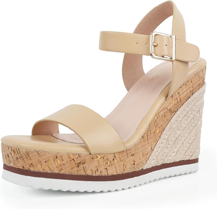 Image of Wedge Sandals for Women Espadrilles, Women's Wedges Sandals Square Toe Adjustable Ankle Strap Buckle Comfortable High Heel Beach Shoes with Cushioned Footbed for Casual Summer