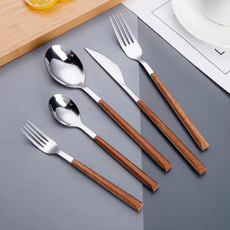 Tableware Cutlery Set for 5, Modern Flatware Spoon Fork Knife Set Stainless Steel with Wooden Design Plastic Handles, Kitchen Utensils for Home Hotel Restaurant Wedding Gift, Mirror Polished